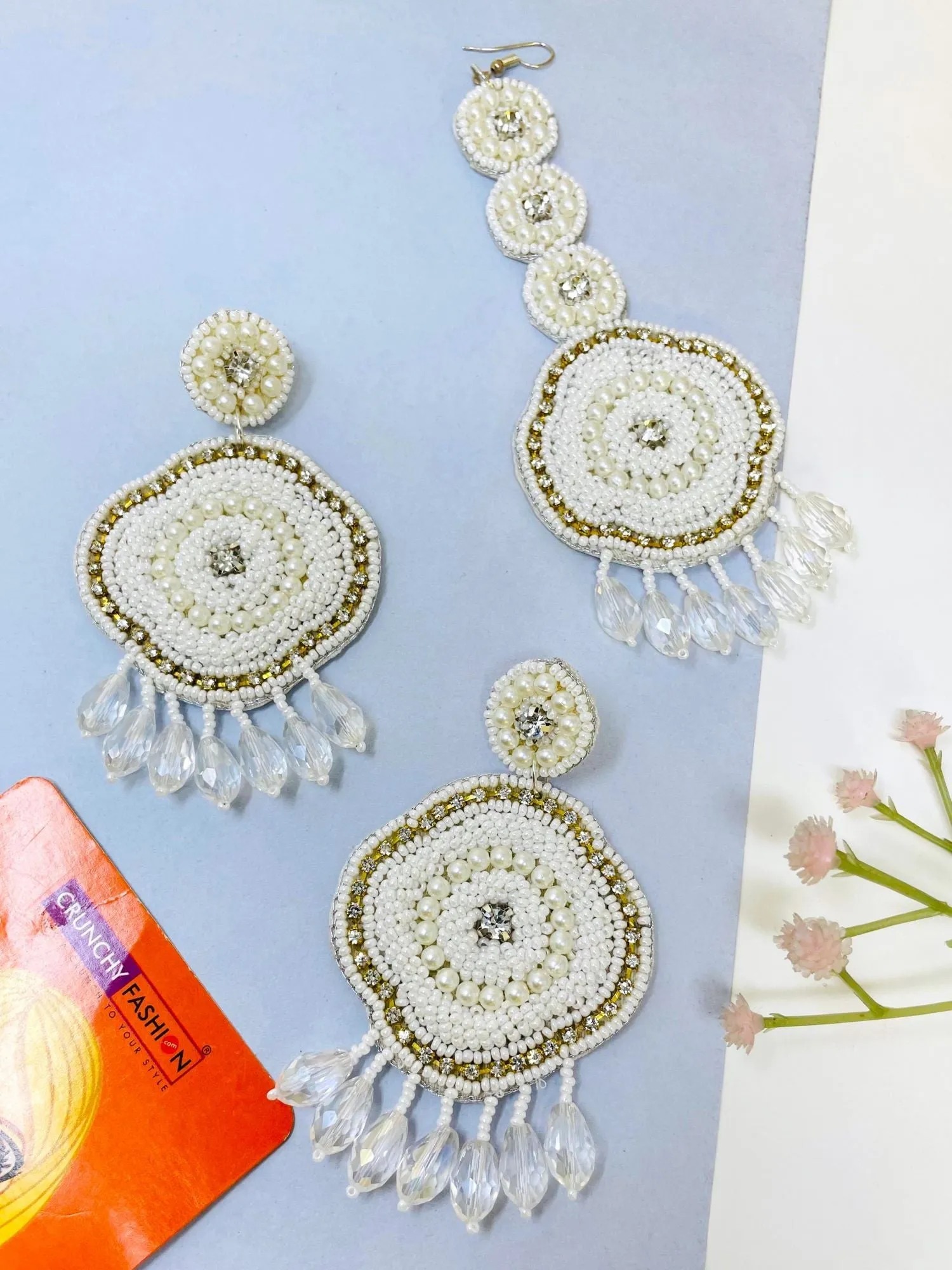 Graceful Elegance: Handcrafted White Beaded Floral Earrings & Tikka Set for Special Occasions