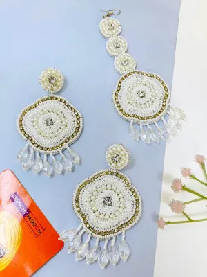 Graceful Elegance: Handcrafted White Beaded Floral Earrings & Tikka Set for Special Occasions