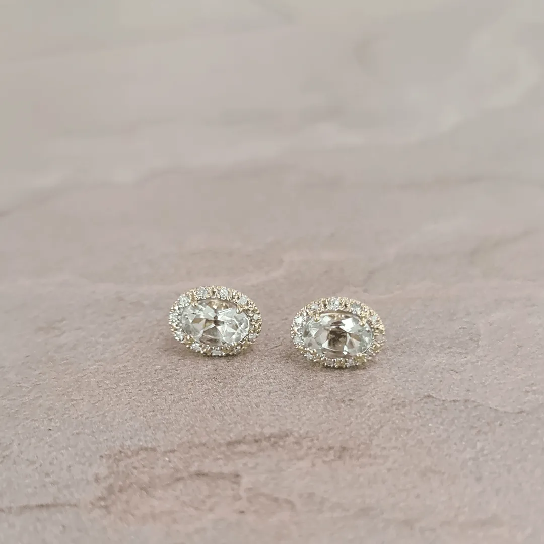 Green Amethyst & Diamond Halo Earrings in 9ct Yellow Gold
