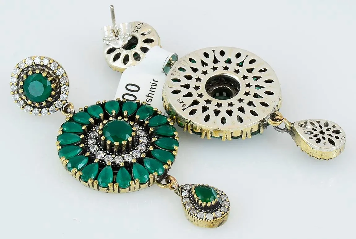 Green Emerald Chandelier Earrings 925 Sterling Silver Ottoman Dome Dangle Drop Earring