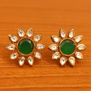 GREEN KUNDAN MEENAKARI GOLD PLATED STUDS