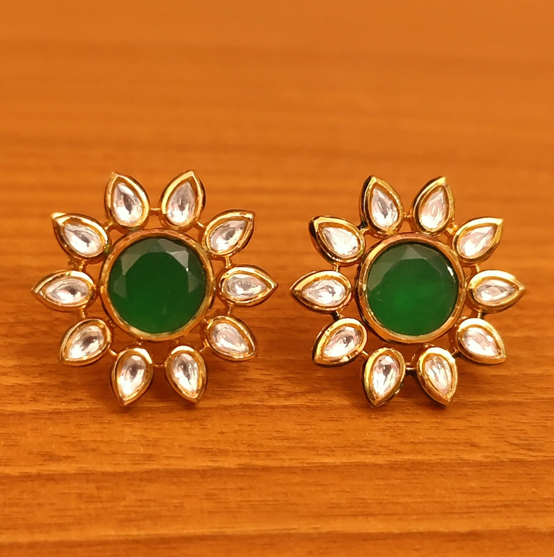 GREEN KUNDAN MEENAKARI GOLD PLATED STUDS