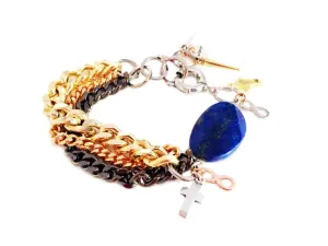 Handmade Lapis Lazuli Cuff Bracelet and Gold Chains, Rhinestones, Gold Charms, Pointed Studs. Trendy Jewelry, Trendy Bra