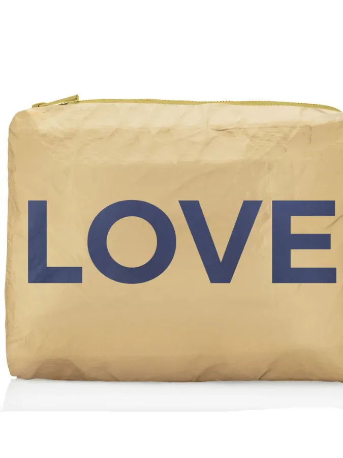 Hi Love Travel Medium Zipper Pack in Gold with Navy "LOVE"