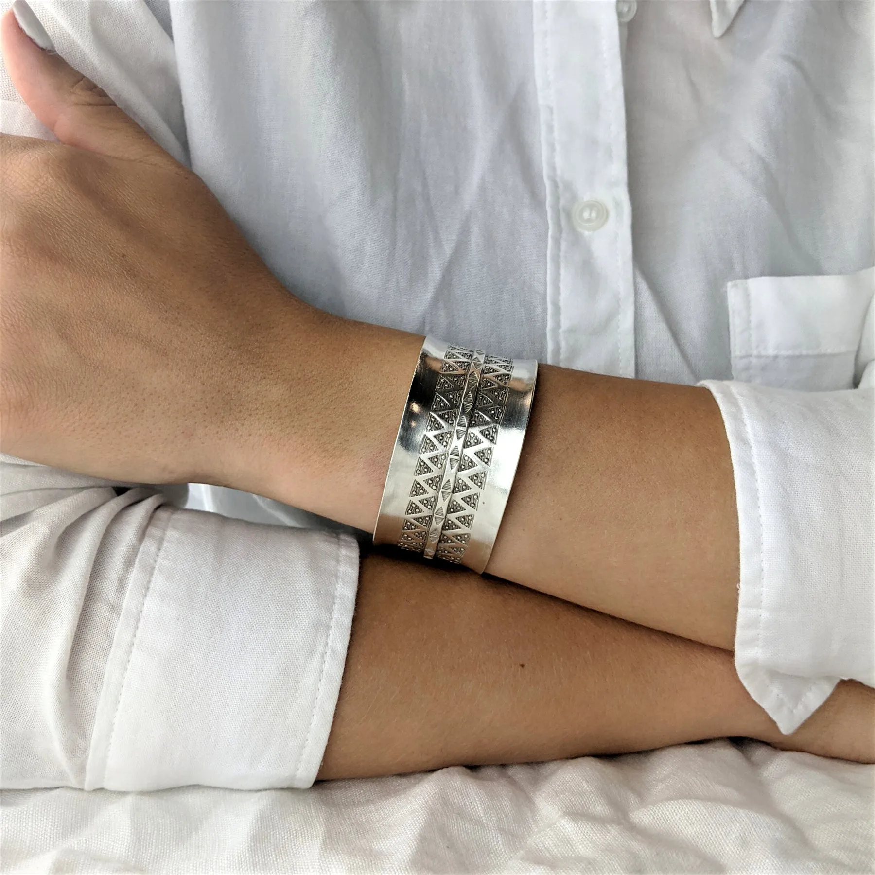 Hill Tribe Silver Wide Geometric Motif Bangle - Adjustable Statement Cuff