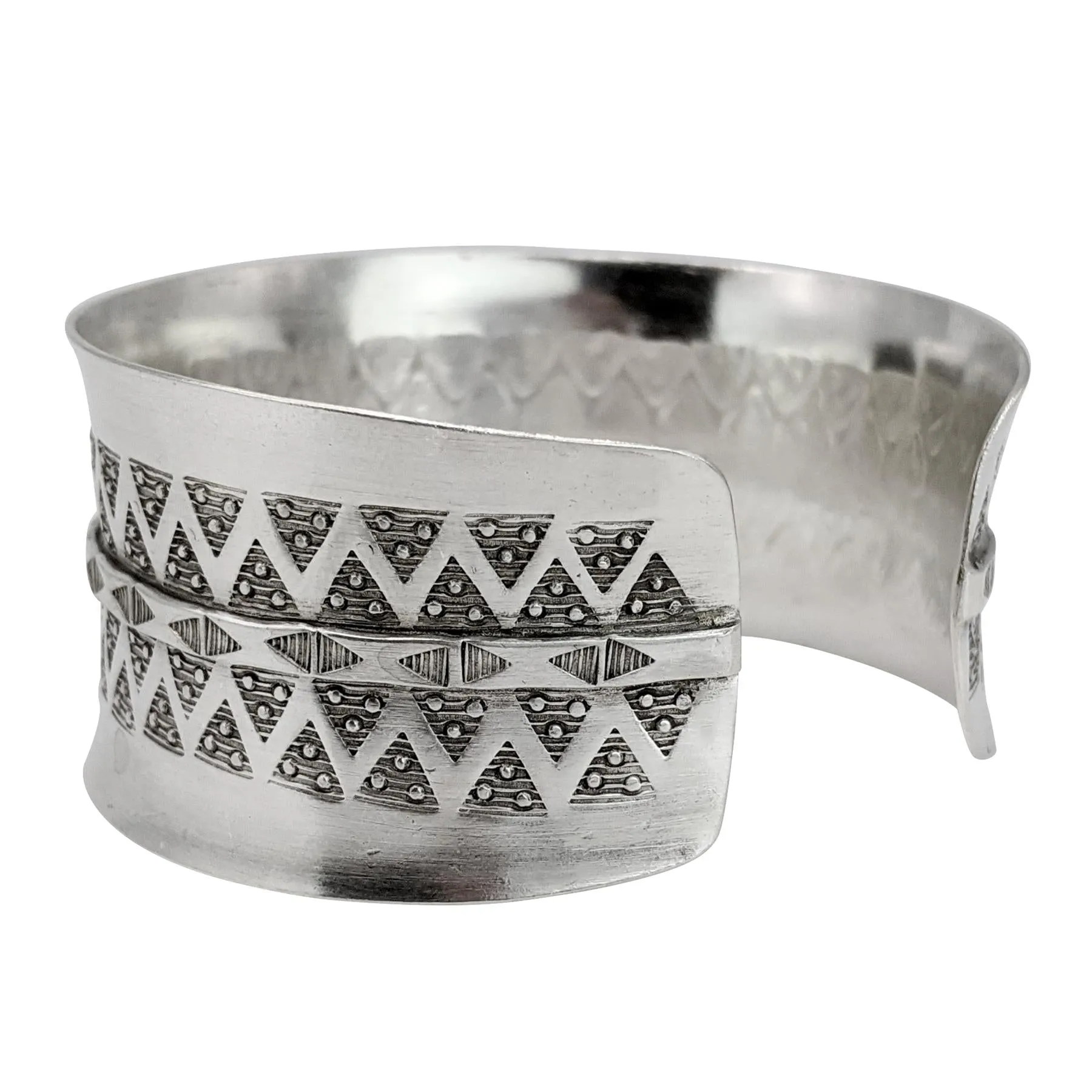 Hill Tribe Silver Wide Geometric Motif Bangle - Adjustable Statement Cuff