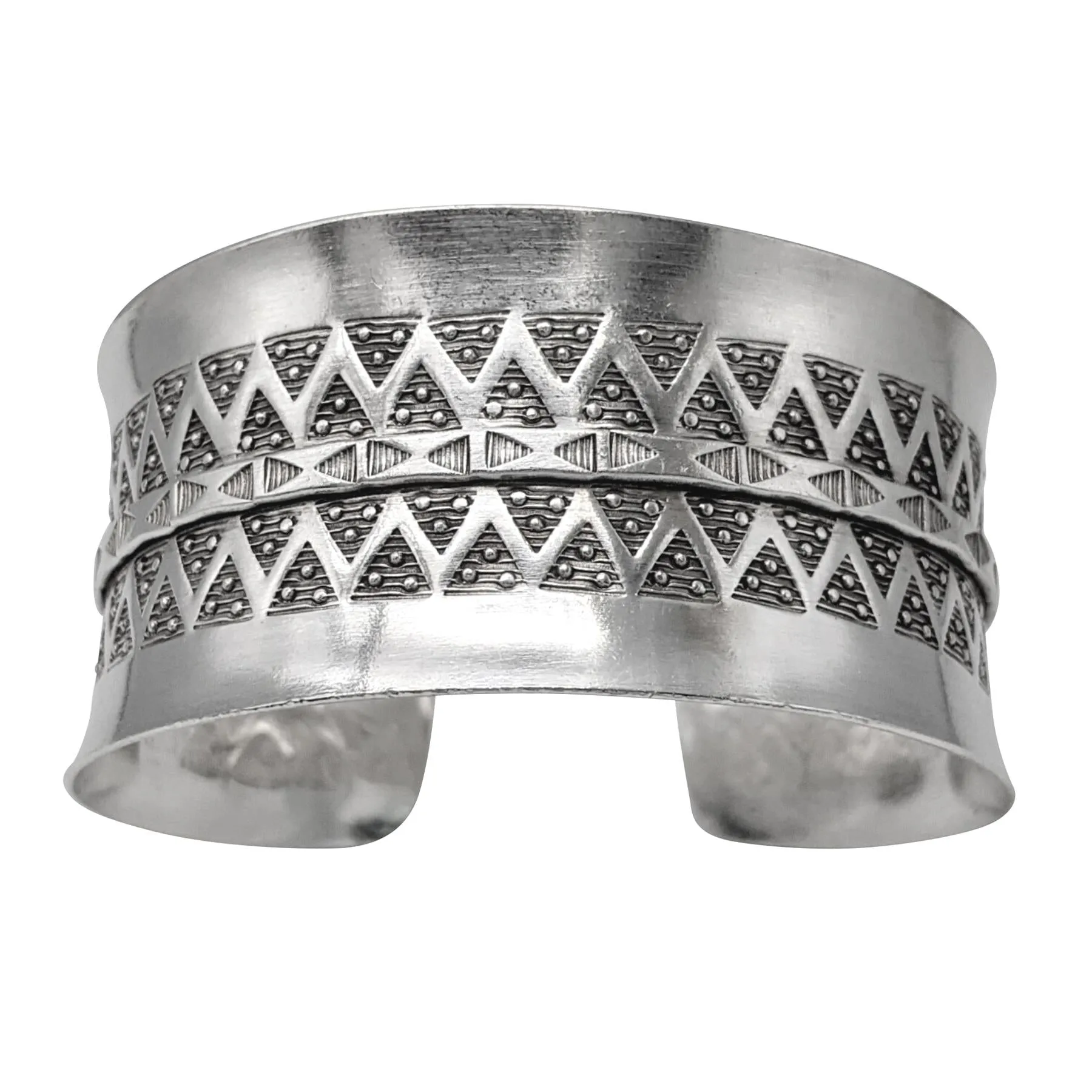 Hill Tribe Silver Wide Geometric Motif Bangle - Adjustable Statement Cuff