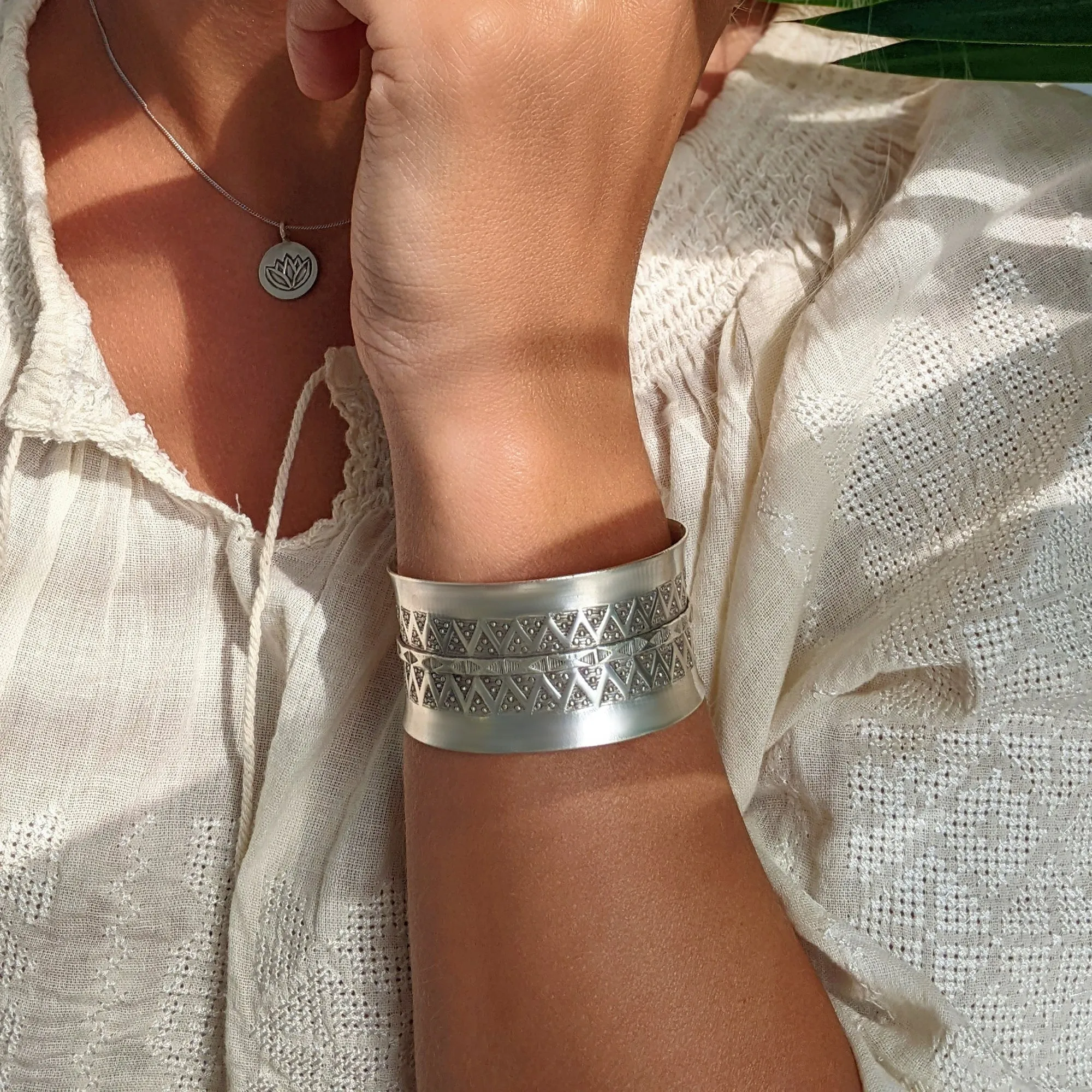 Hill Tribe Silver Wide Geometric Motif Bangle - Adjustable Statement Cuff