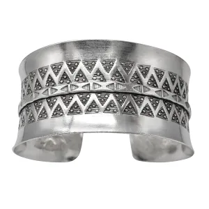 Hill Tribe Silver Wide Geometric Motif Bangle - Adjustable Statement Cuff