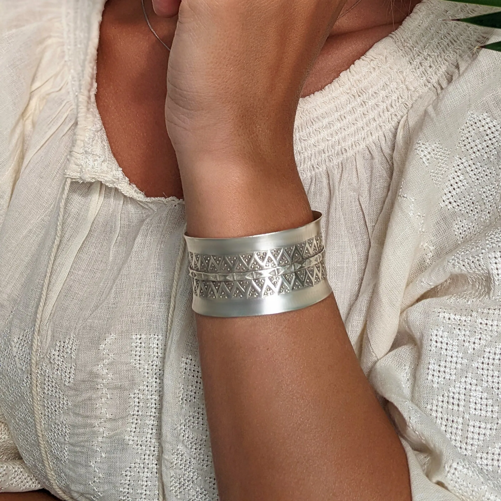 Hill Tribe Silver Wide Geometric Motif Bangle - Adjustable Statement Cuff