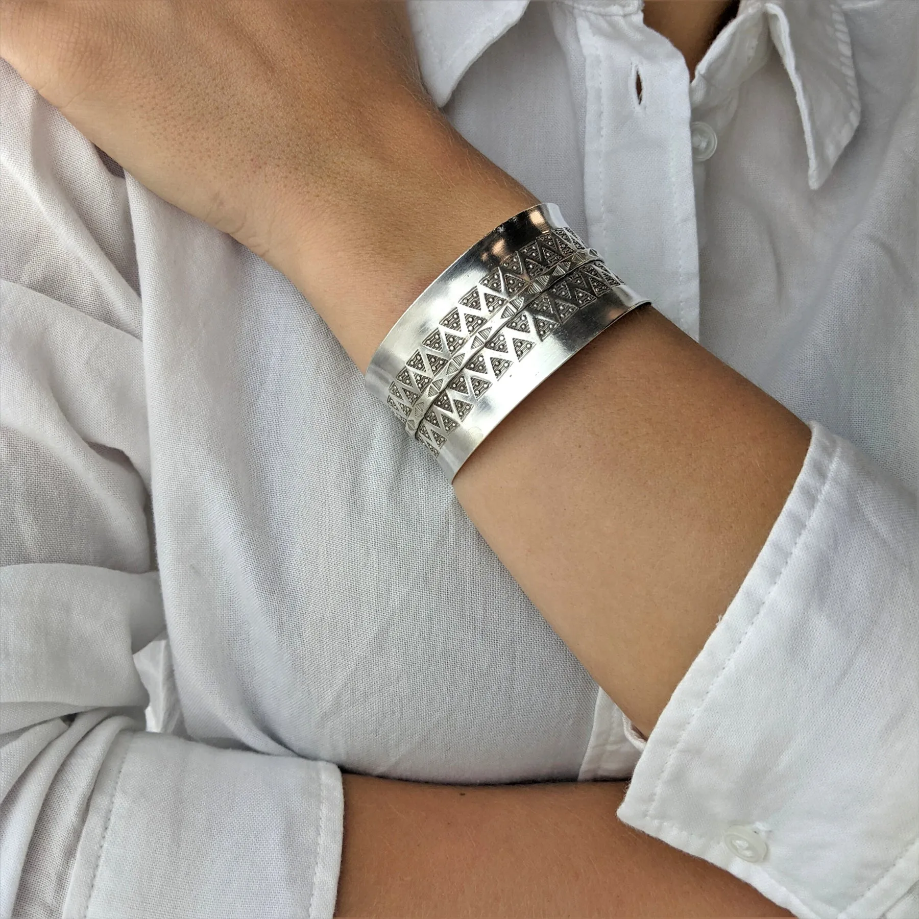 Hill Tribe Silver Wide Geometric Motif Bangle - Adjustable Statement Cuff
