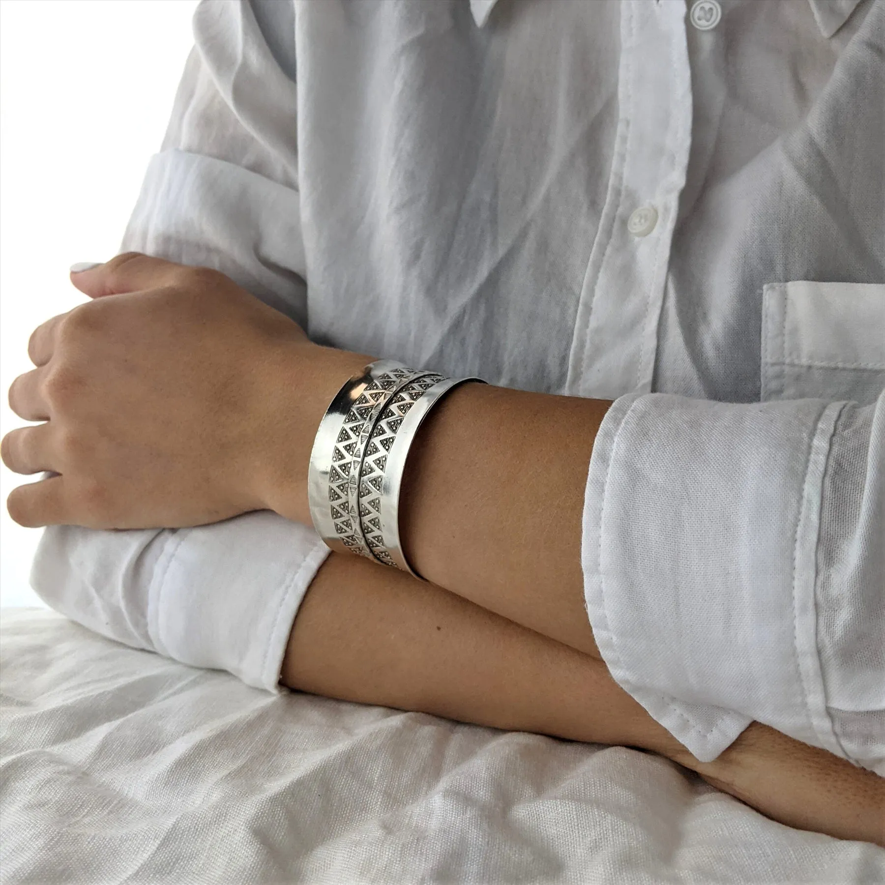 Hill Tribe Silver Wide Geometric Motif Bangle - Adjustable Statement Cuff
