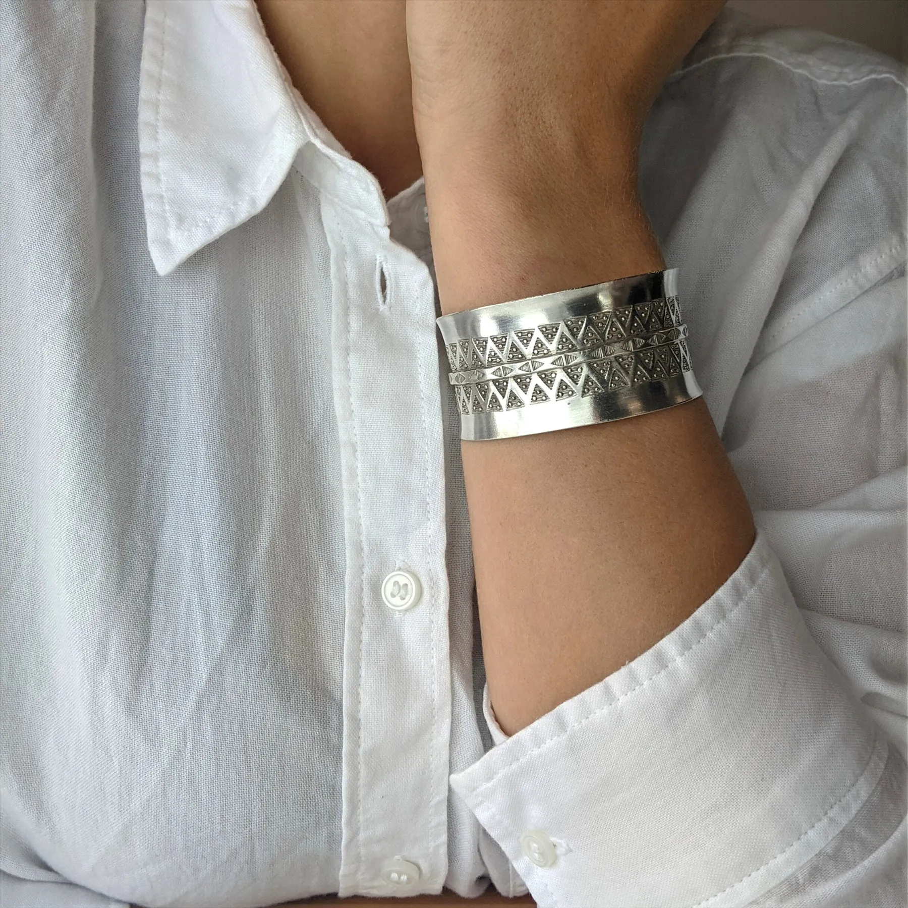 Hill Tribe Silver Wide Geometric Motif Bangle - Adjustable Statement Cuff