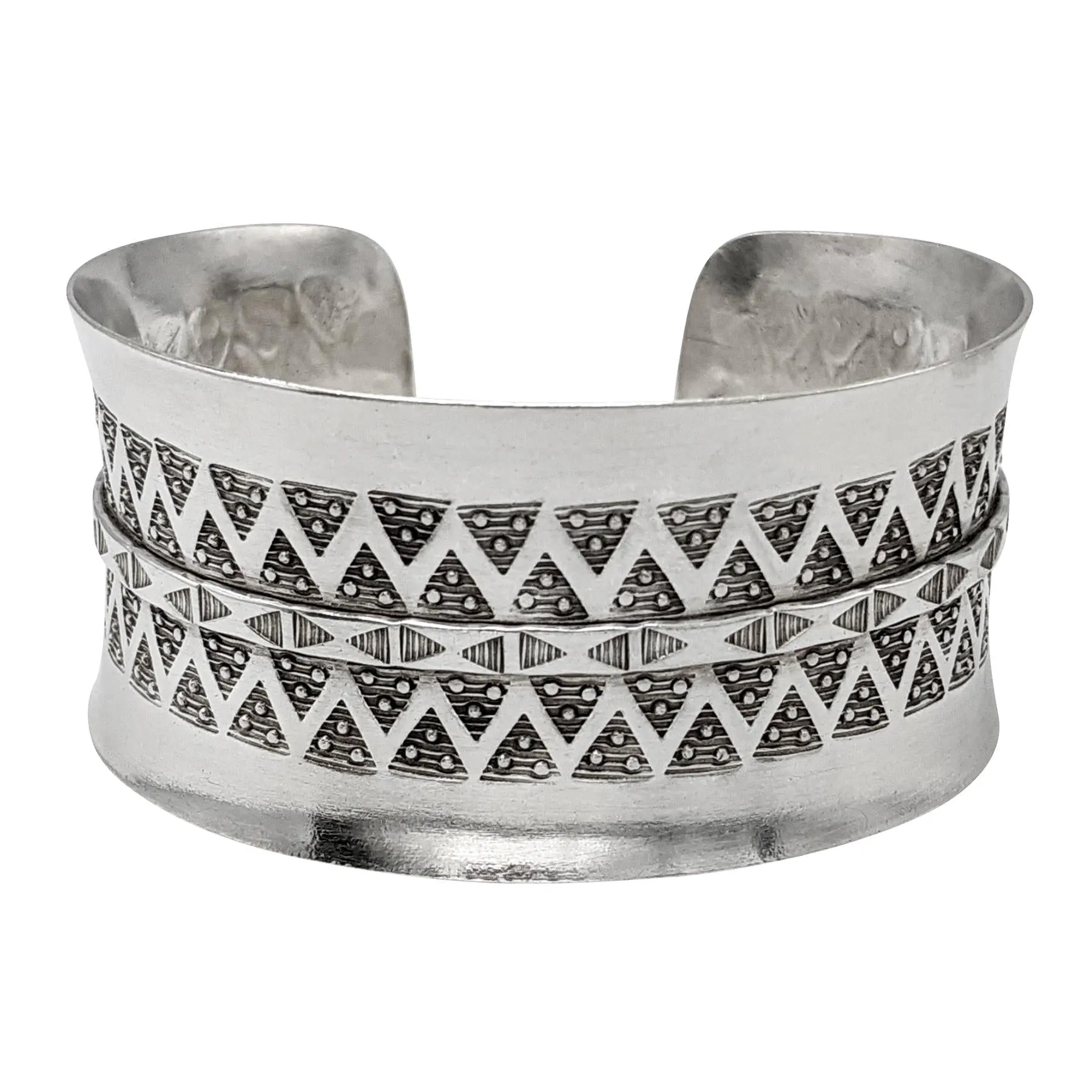 Hill Tribe Silver Wide Geometric Motif Bangle - Adjustable Statement Cuff