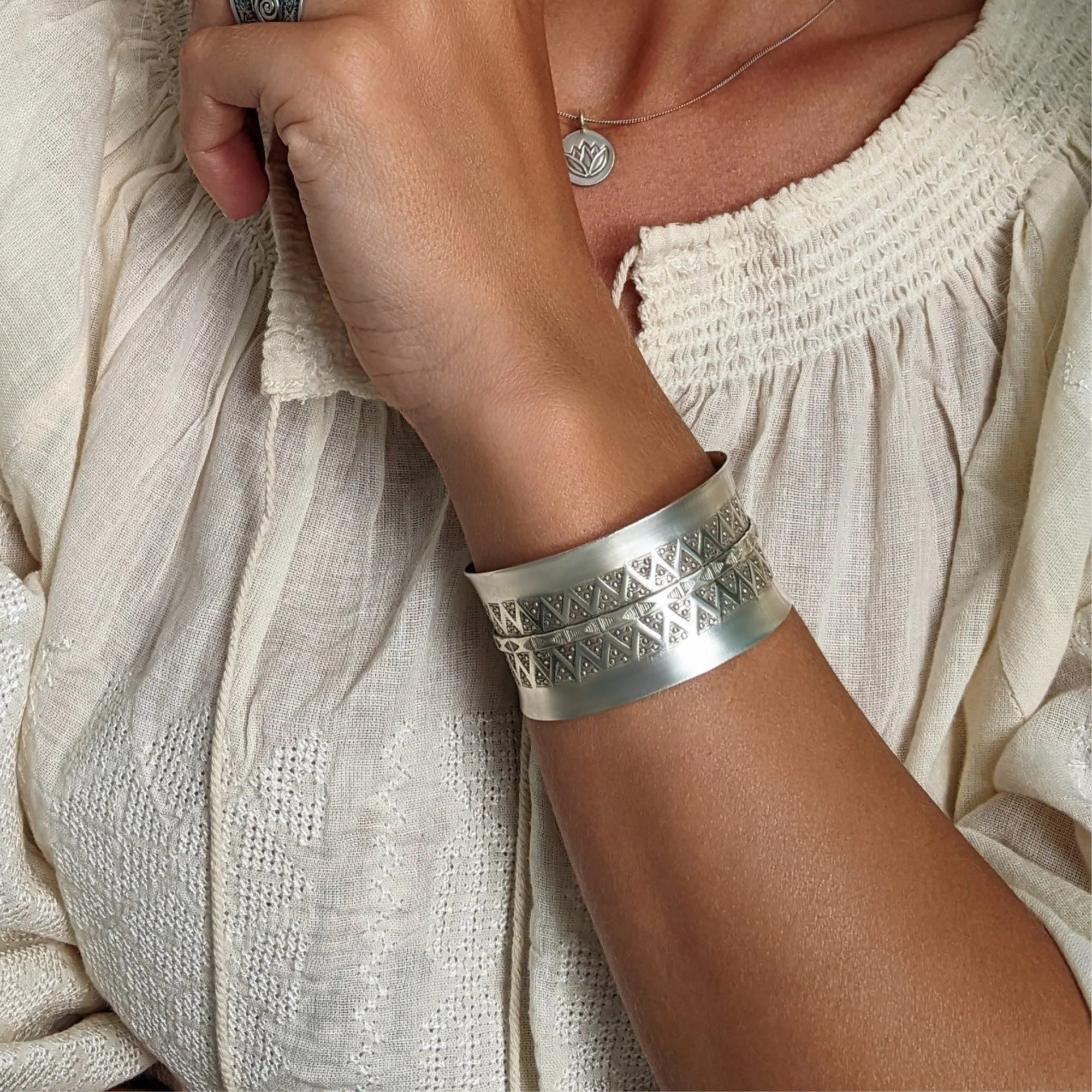 Hill Tribe Silver Wide Geometric Motif Bangle - Adjustable Statement Cuff