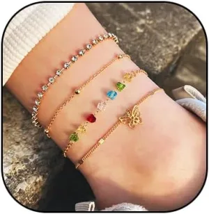 HUJUON Layered Crystal Butterfly Anklets Bracelet Set Boho Pearl Rhinestone Bowknot Beach Foot Chain Jewelry for Women Multilayer Anklets