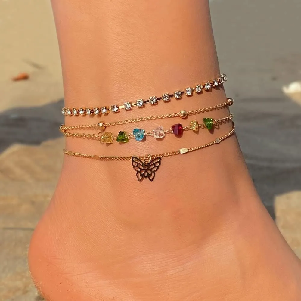 HUJUON Layered Crystal Butterfly Anklets Bracelet Set Boho Pearl Rhinestone Bowknot Beach Foot Chain Jewelry for Women Multilayer Anklets