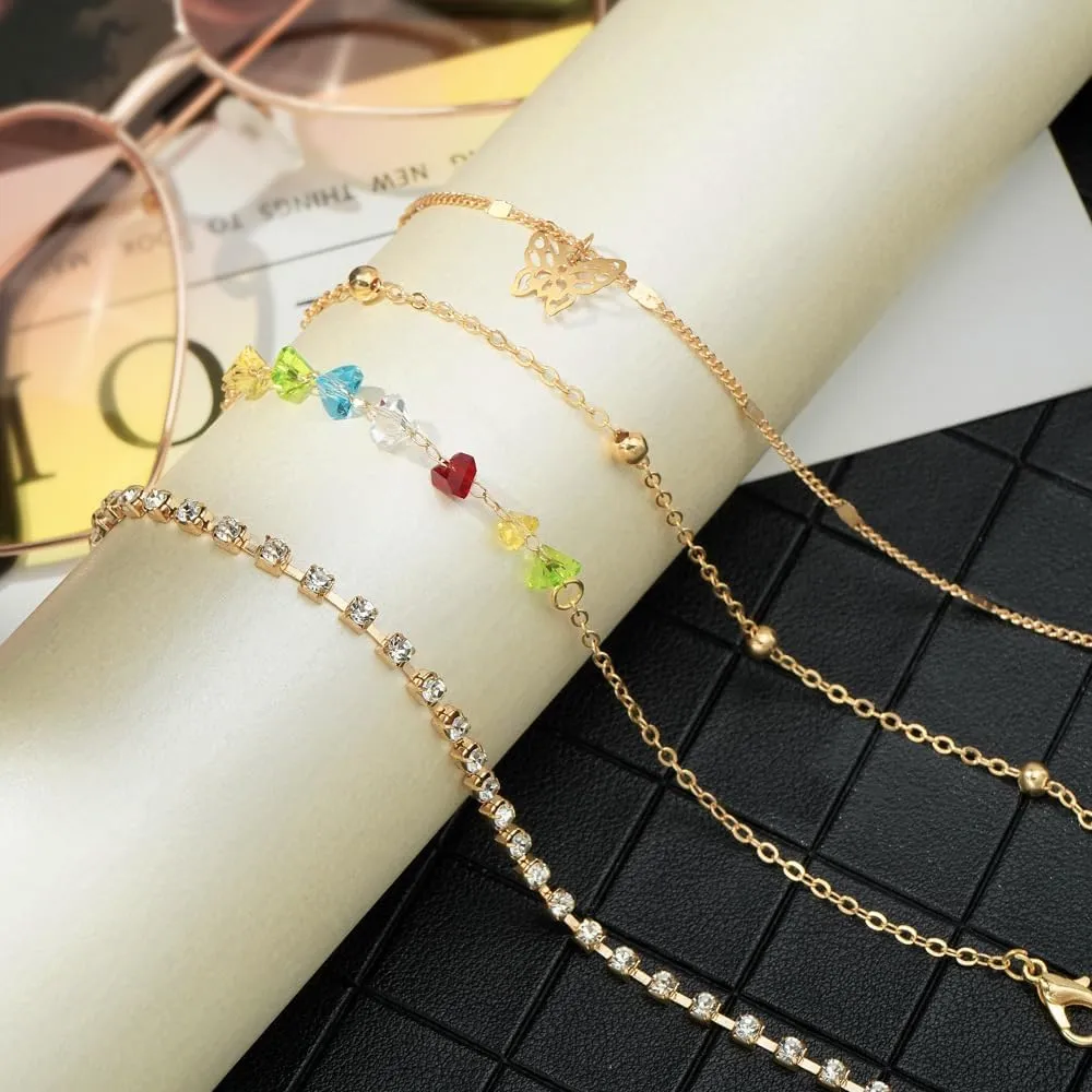 HUJUON Layered Crystal Butterfly Anklets Bracelet Set Boho Pearl Rhinestone Bowknot Beach Foot Chain Jewelry for Women Multilayer Anklets