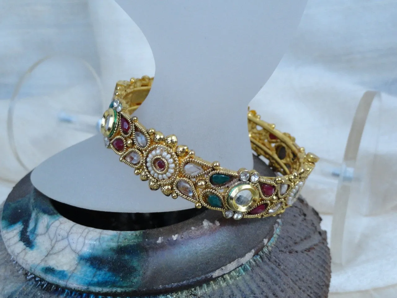 Indian Jewelry- bracelet: stone and bead bracelet. Red, green & white stone. "Paal Nila" or "Full Moon"- bridal or bridesmaid's bracelet. From Artikrti.