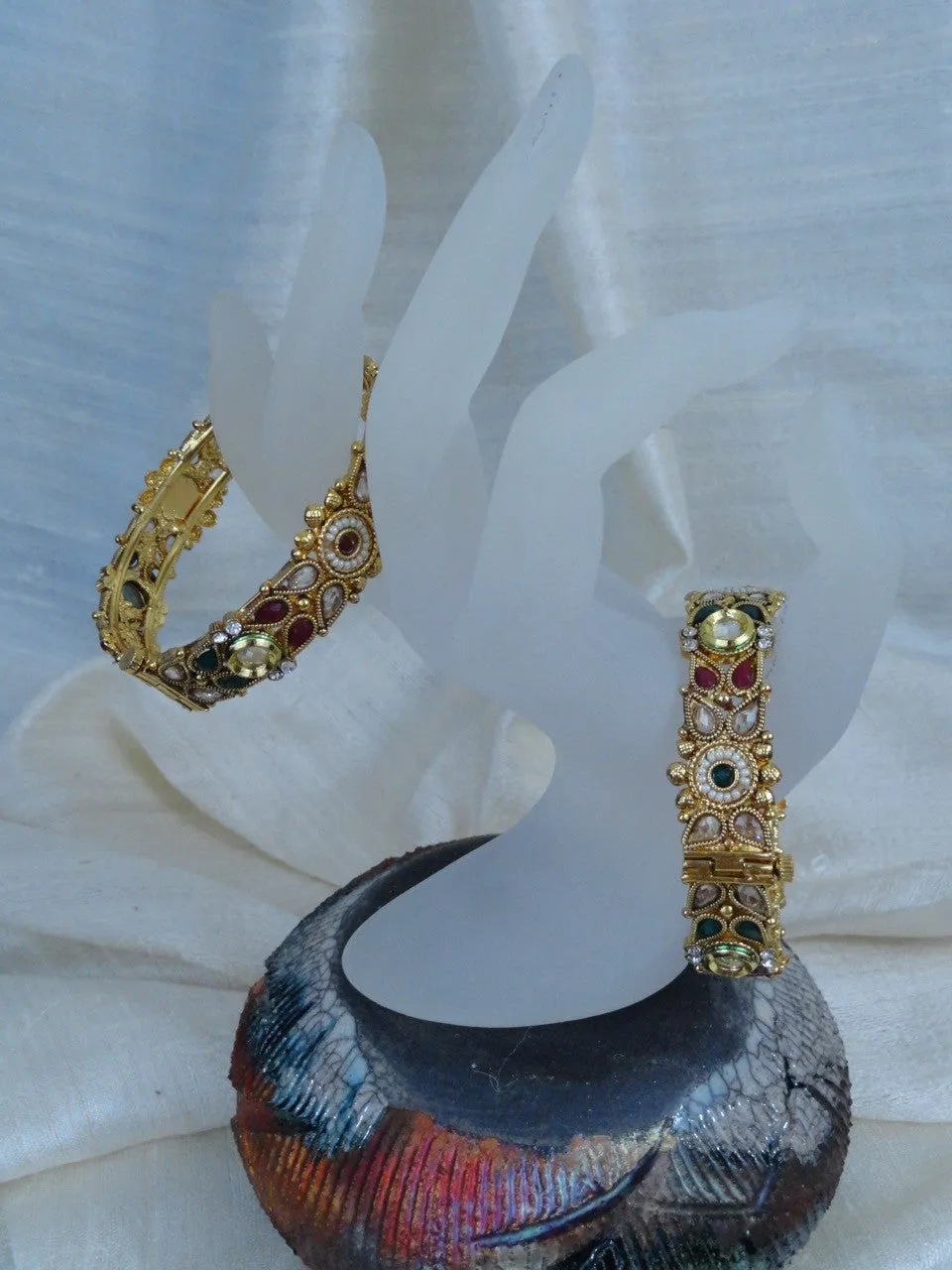Indian Jewelry- bracelet: stone and bead bracelet. Red, green & white stone. "Paal Nila" or "Full Moon"- bridal or bridesmaid's bracelet. From Artikrti.