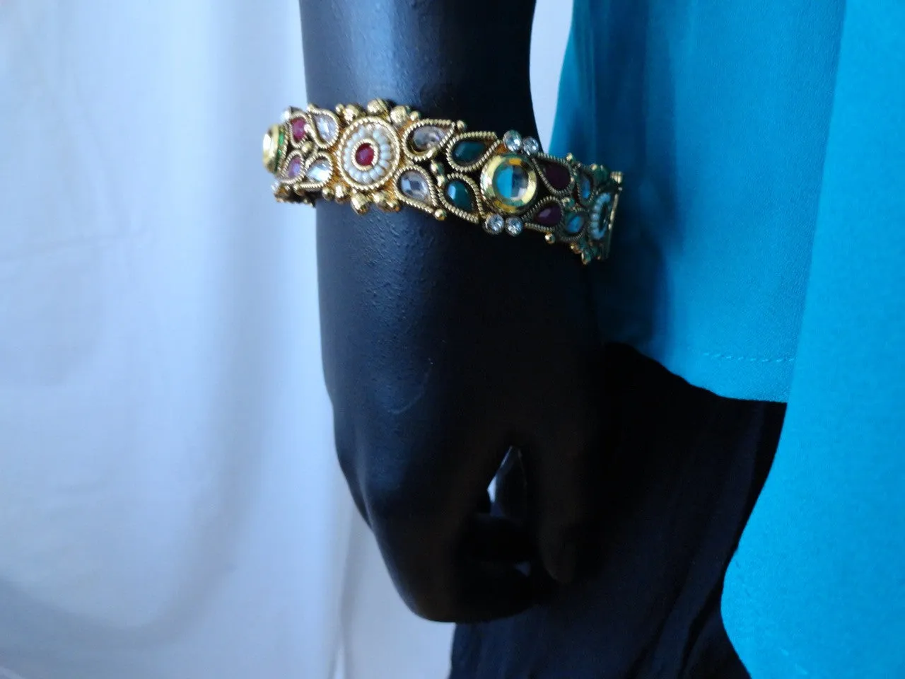 Indian Jewelry- bracelet: stone and bead bracelet. Red, green & white stone. "Paal Nila" or "Full Moon"- bridal or bridesmaid's bracelet. From Artikrti.