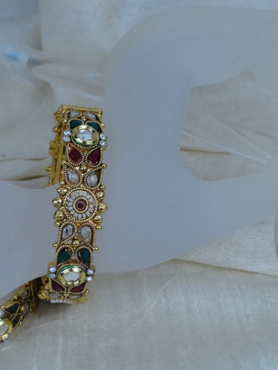 Indian Jewelry- bracelet: stone and bead bracelet. Red, green & white stone. "Paal Nila" or "Full Moon"- bridal or bridesmaid's bracelet. From Artikrti.