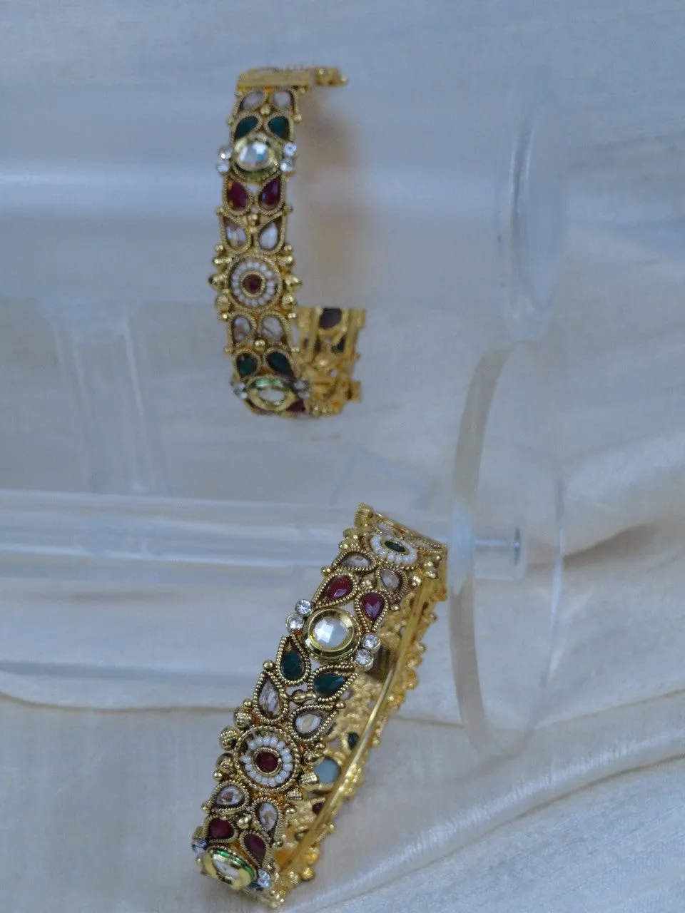 Indian Jewelry- bracelet: stone and bead bracelet. Red, green & white stone. "Paal Nila" or "Full Moon"- bridal or bridesmaid's bracelet. From Artikrti.