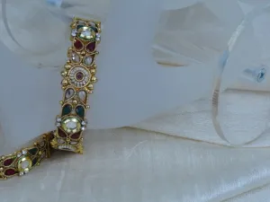 Indian Jewelry- bracelet: stone and bead bracelet. Red, green & white stone. "Paal Nila" or "Full Moon"- bridal or bridesmaid's bracelet. From Artikrti.