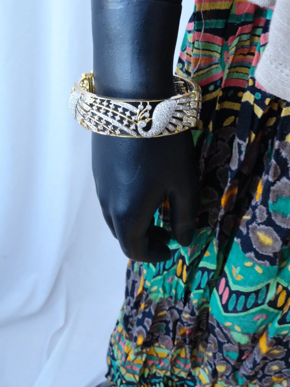 Indian Jewelry- Peacock bracelet. Gold finished  party or wedding bracelet bangle. Rhinestone bracelet-"Akaanksha OR Desire". From Artikrti