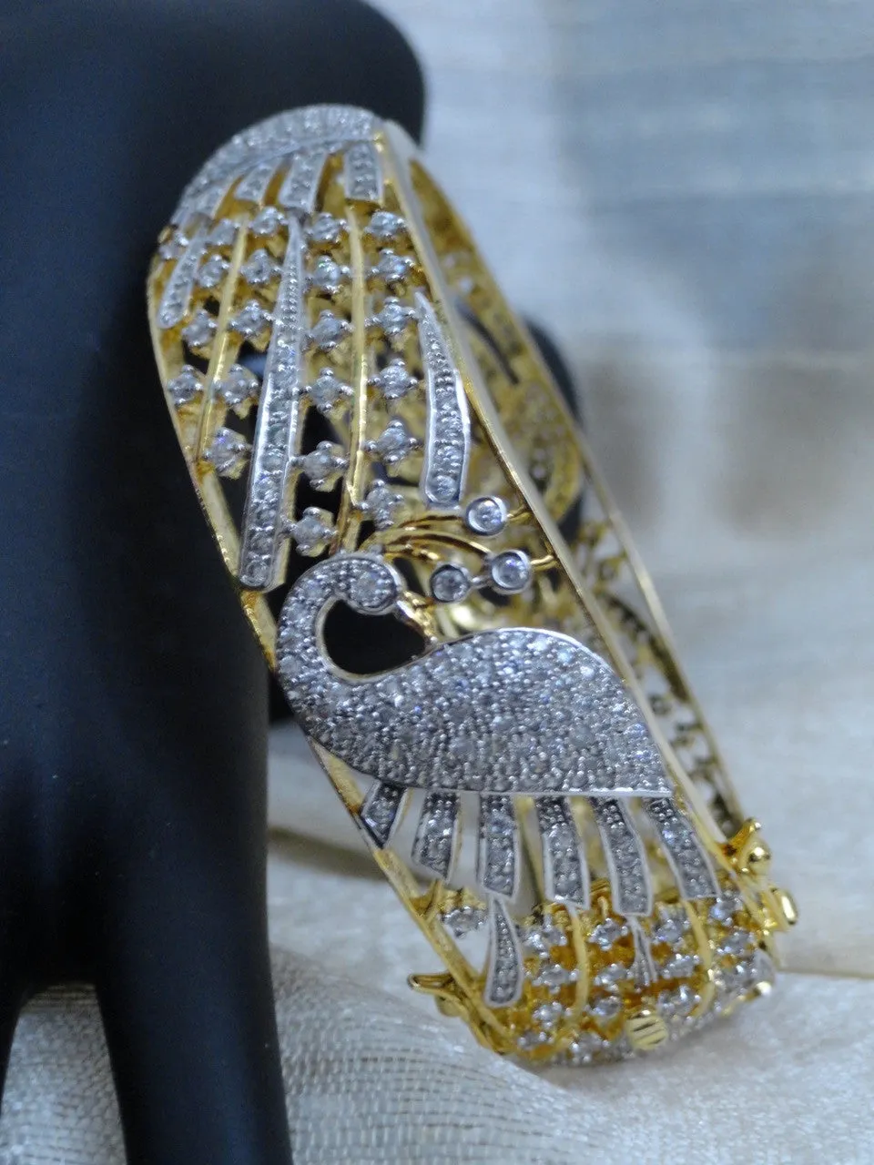 Indian Jewelry- Peacock bracelet. Gold finished  party or wedding bracelet bangle. Rhinestone bracelet-"Akaanksha OR Desire". From Artikrti
