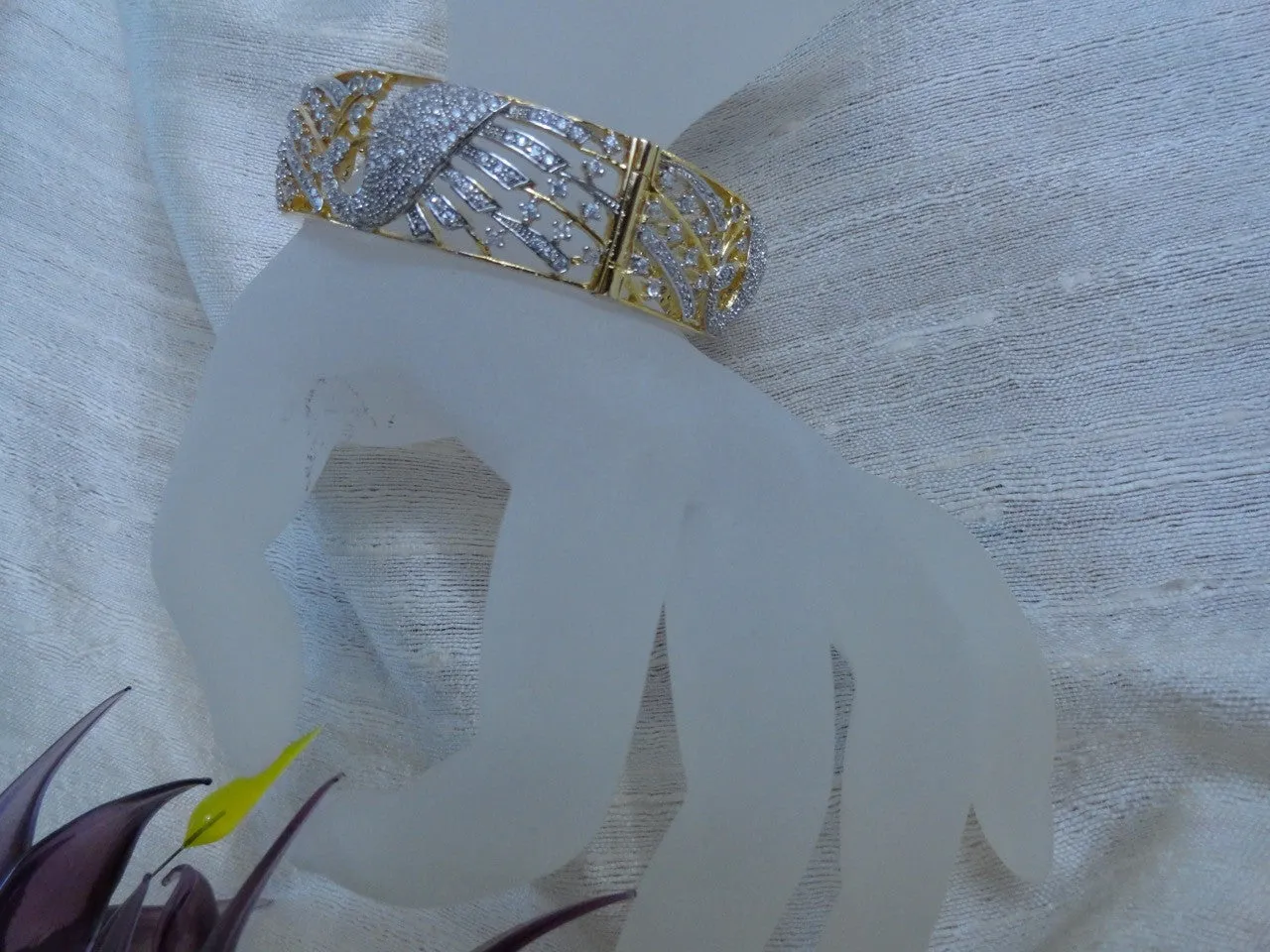 Indian Jewelry- Peacock bracelet. Gold finished  party or wedding bracelet bangle. Rhinestone bracelet-"Akaanksha OR Desire". From Artikrti