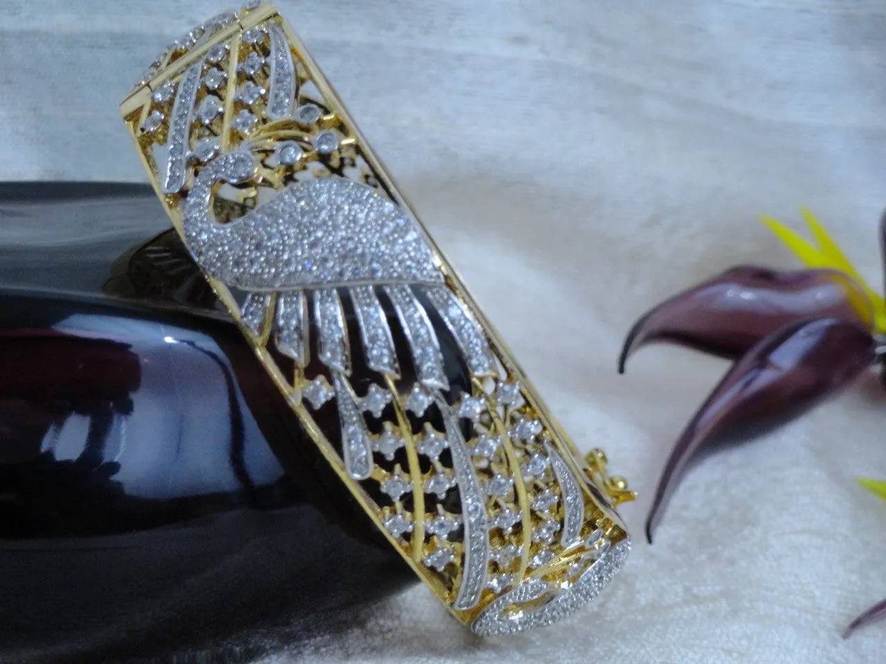 Indian Jewelry- Peacock bracelet. Gold finished  party or wedding bracelet bangle. Rhinestone bracelet-"Akaanksha OR Desire". From Artikrti