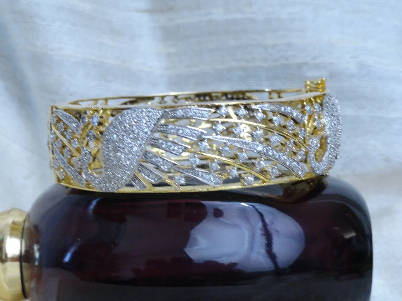 Indian Jewelry- Peacock bracelet. Gold finished  party or wedding bracelet bangle. Rhinestone bracelet-"Akaanksha OR Desire". From Artikrti