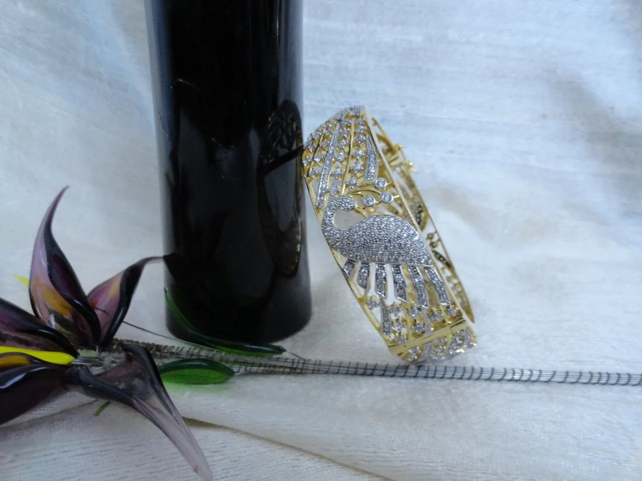 Indian Jewelry- Peacock bracelet. Gold finished  party or wedding bracelet bangle. Rhinestone bracelet-"Akaanksha OR Desire". From Artikrti
