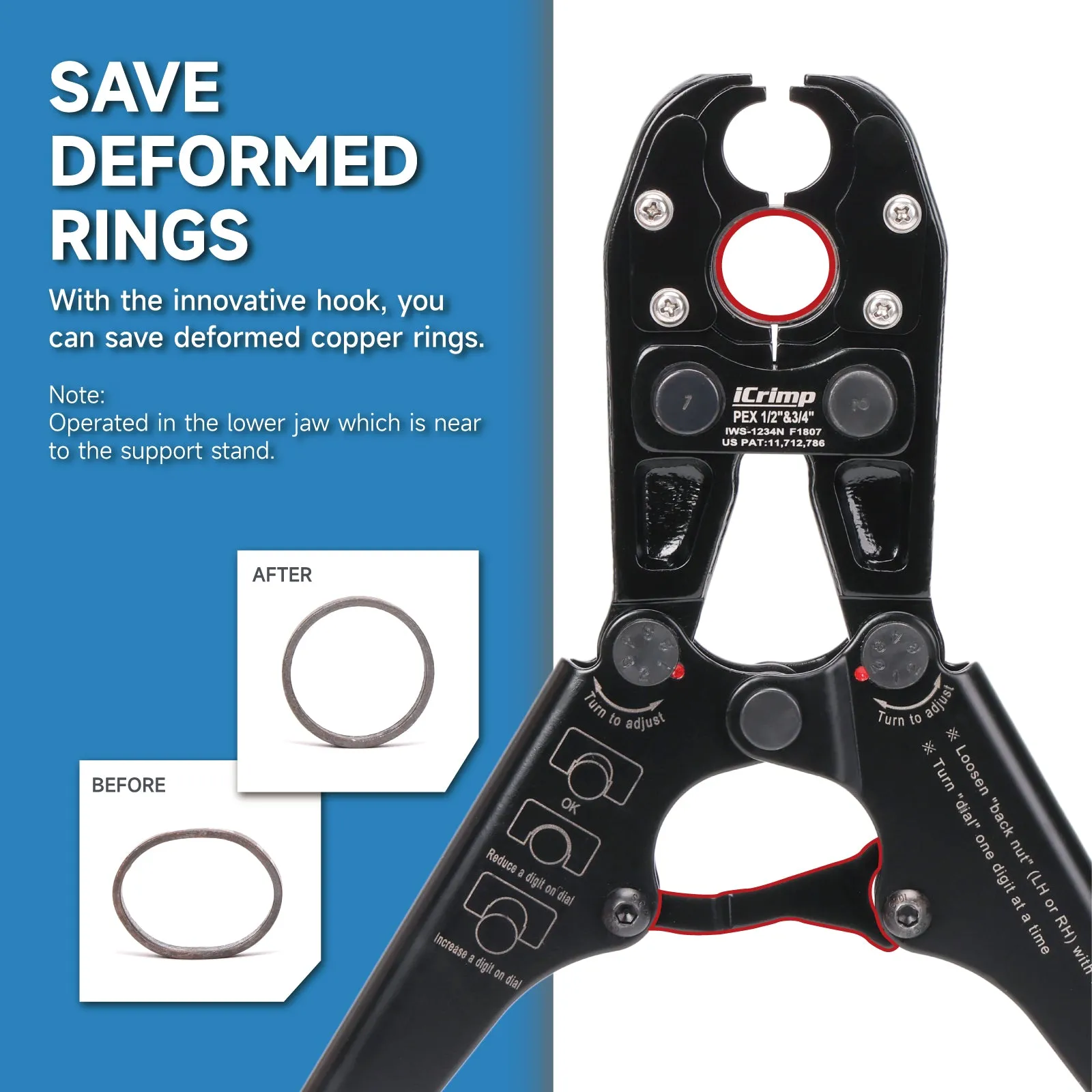 IWS-1234N Pex Pipe Crimping Tool with Convertible 1/2" and 3/4" Jaws for Copper Ring, meets ASTM 1807 Standard