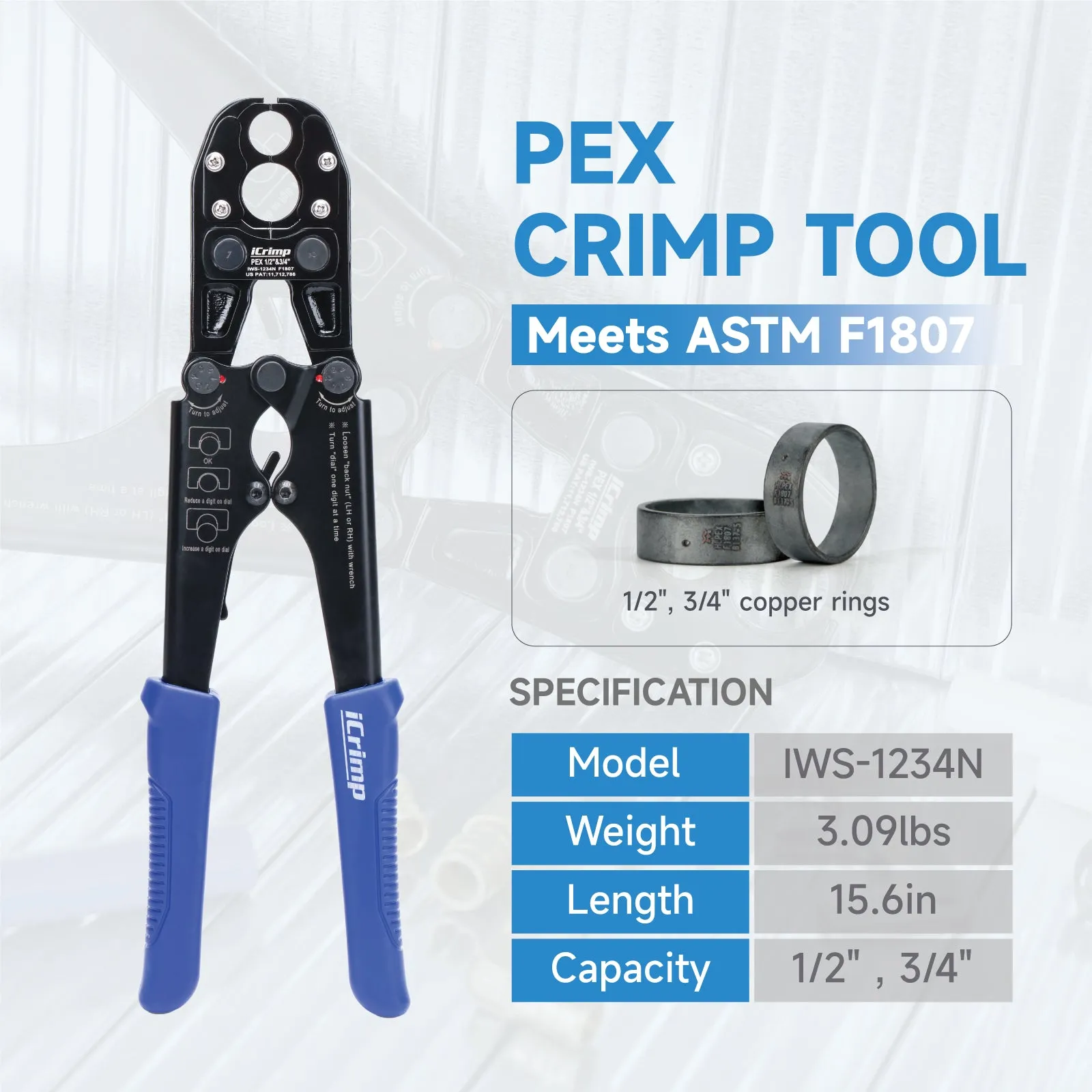 IWS-1234N Pex Pipe Crimping Tool with Convertible 1/2" and 3/4" Jaws for Copper Ring, meets ASTM 1807 Standard