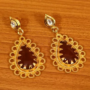 KUNDAN LOOK GOLD PLATED PEAR SHAPED WINE EARRINGS