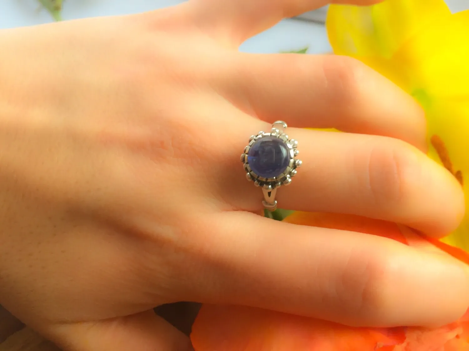 Kyanite Ring - Blue Round Ring - Vintage Flower Ring