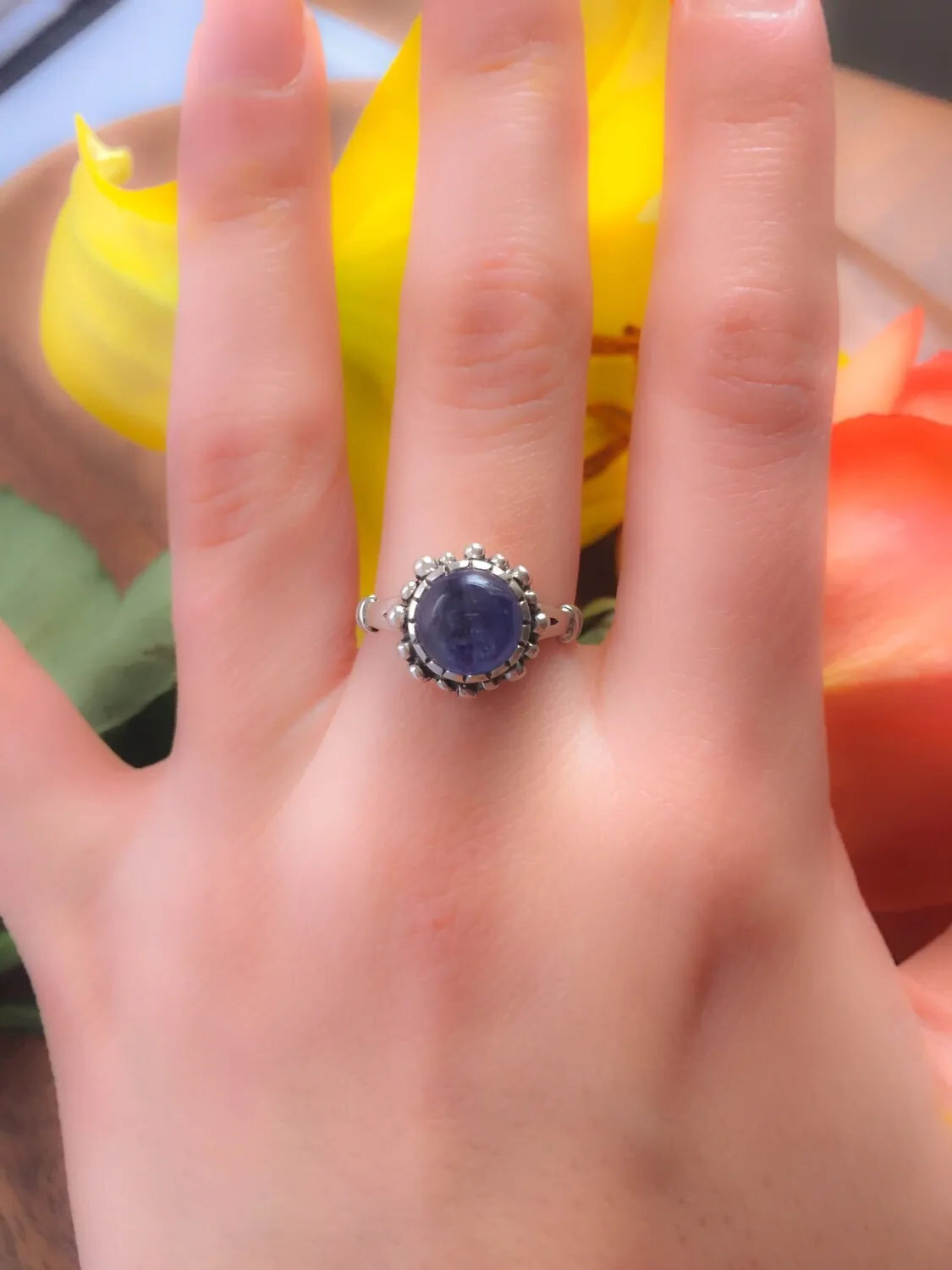 Kyanite Ring - Blue Round Ring - Vintage Flower Ring