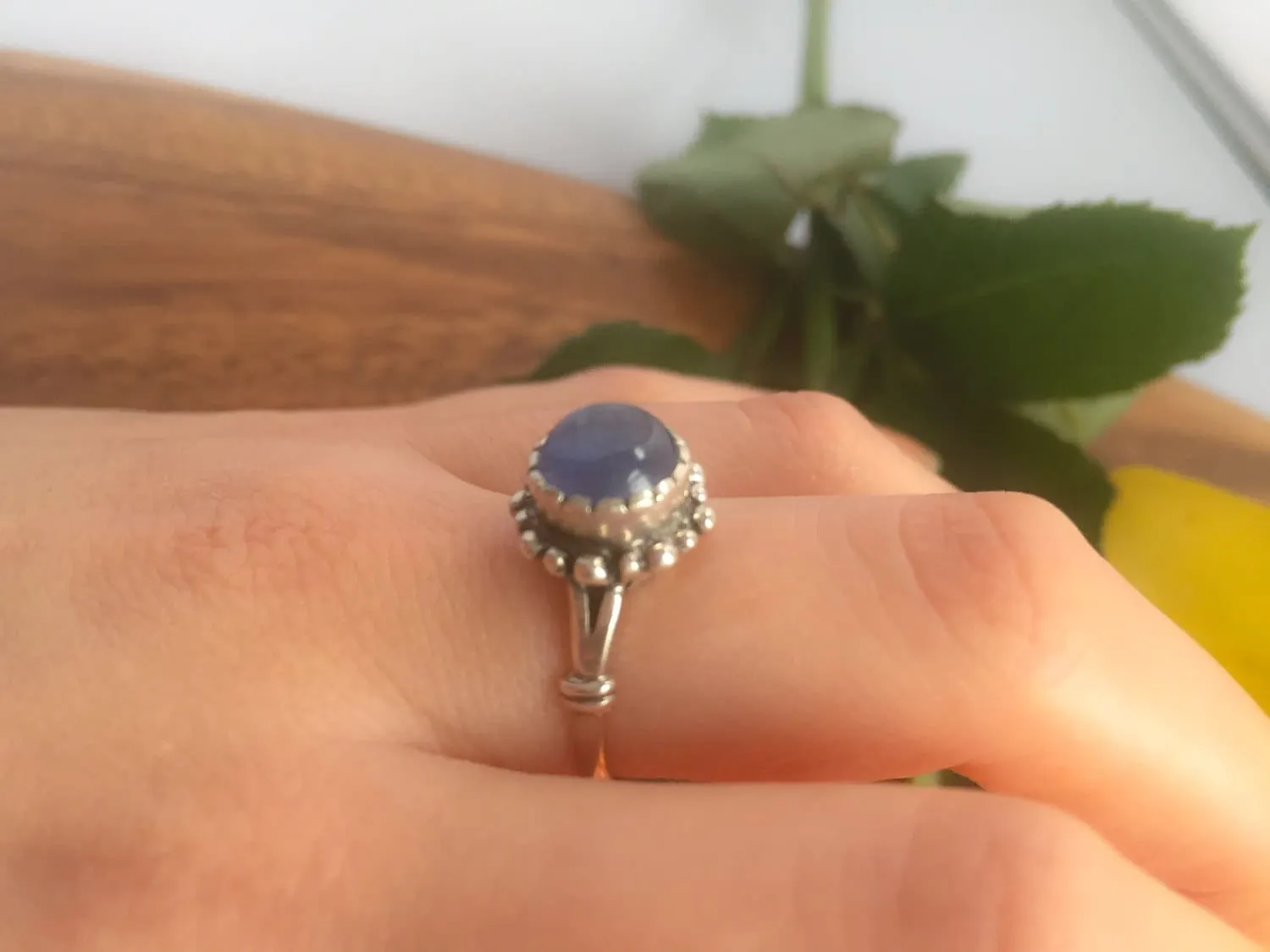 Kyanite Ring - Blue Round Ring - Vintage Flower Ring