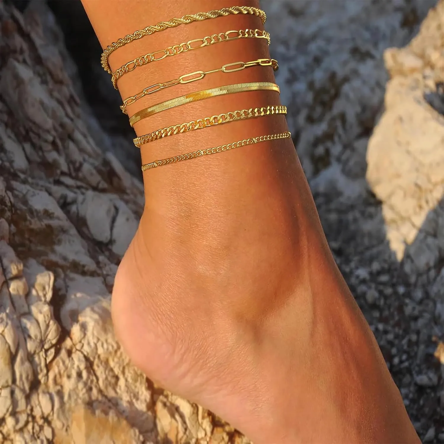 Kyerlyn Layered Anklets for Women, 14K Gold Plated Ankle Bracelets Silver Anklet Set Waterproof CZ Heart Butterfly Anklet Cuba Link Anklets Stack Women Summer Beach Dainty Jewelry Gift