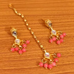LIGH PINK KUNDAN POLKI EARRINGS & TIKKA