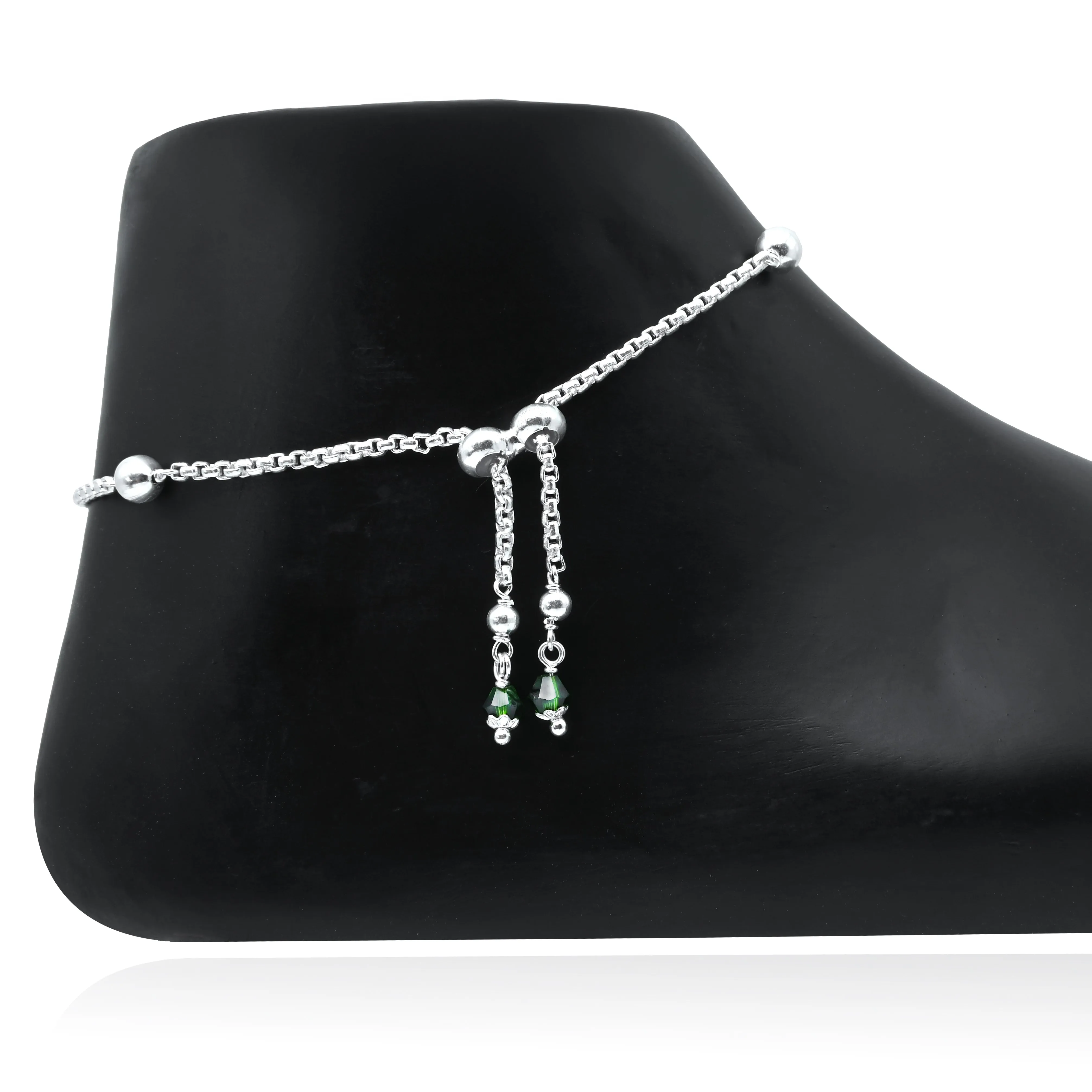 Lightweight Silver Anklet with Pink Stones, White Stone Border & Flower Engraving.