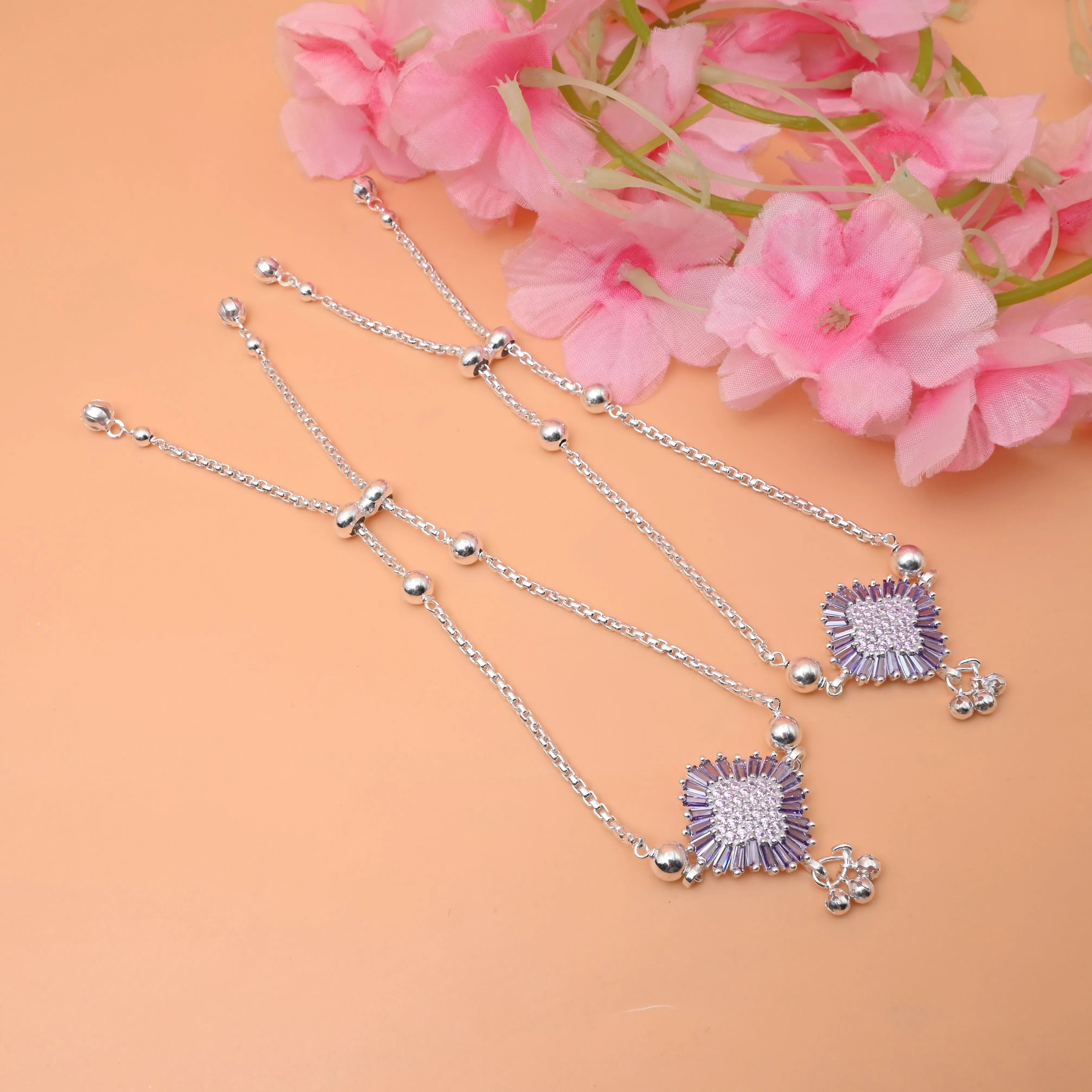 Lightweight Silver Anklet with White Stones, Purple Stone Border & Flower Engraving.
