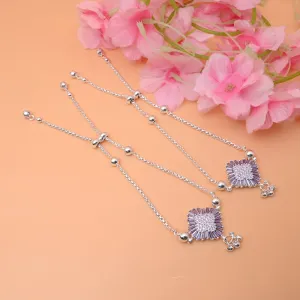 Lightweight Silver Anklet with White Stones, Purple Stone Border & Flower Engraving.