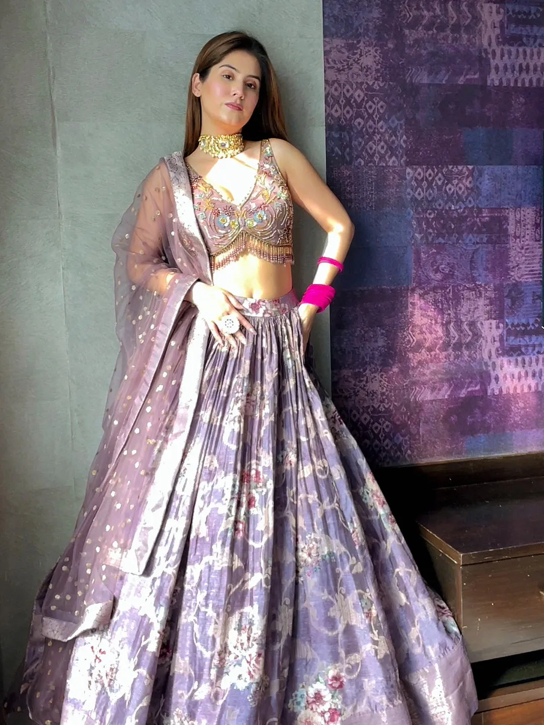 Lilac Banarasi Silk Lehenga With Net Dupatta