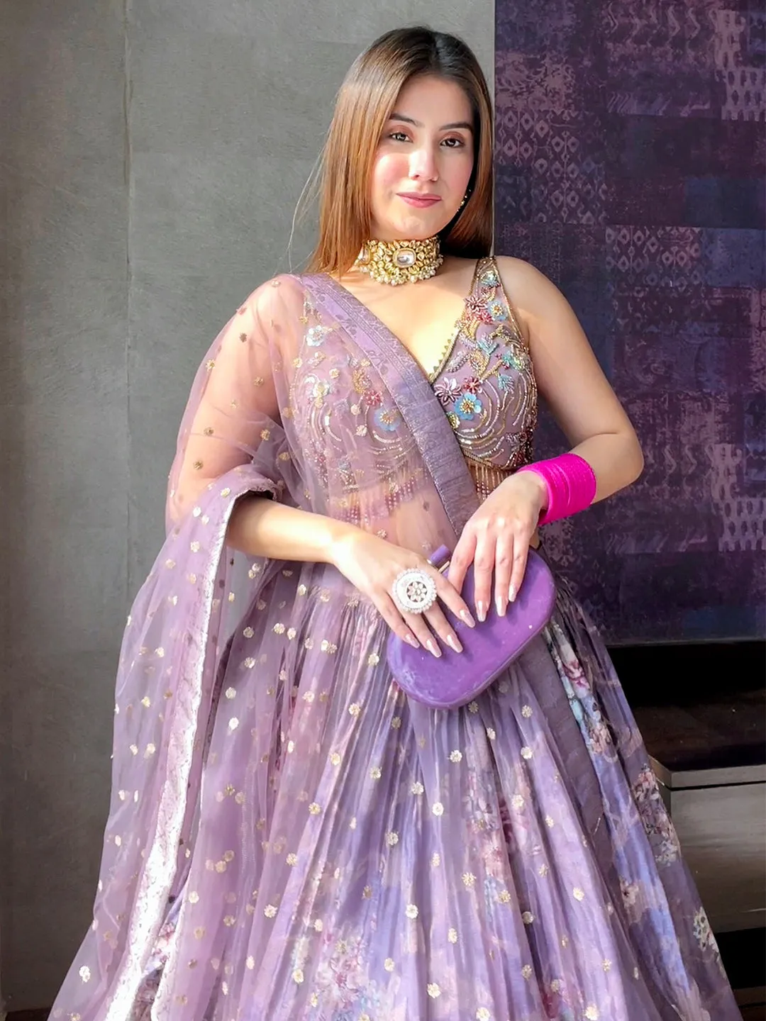 Lilac Banarasi Silk Lehenga With Net Dupatta