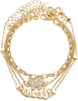 Lnnmomn Gold Ankle Bracelets For Women 4Pcs, 14K Gold Plated Anklets Set For Women Cute Anklets Layered Adjustable Summer Beach Gift