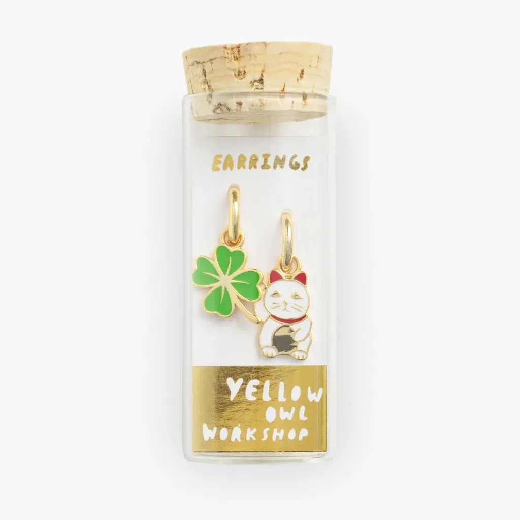Lucky Cat & Clover Hoop Earrings