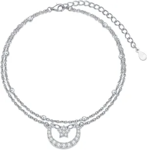 LUHE Star and Moon Ankle Bracelet 925 Sterling Silver Layered Anklets for Women Girls Adjustable Anklet Beads Boho Beach Foot Chain Jewelry Birthday Gifts